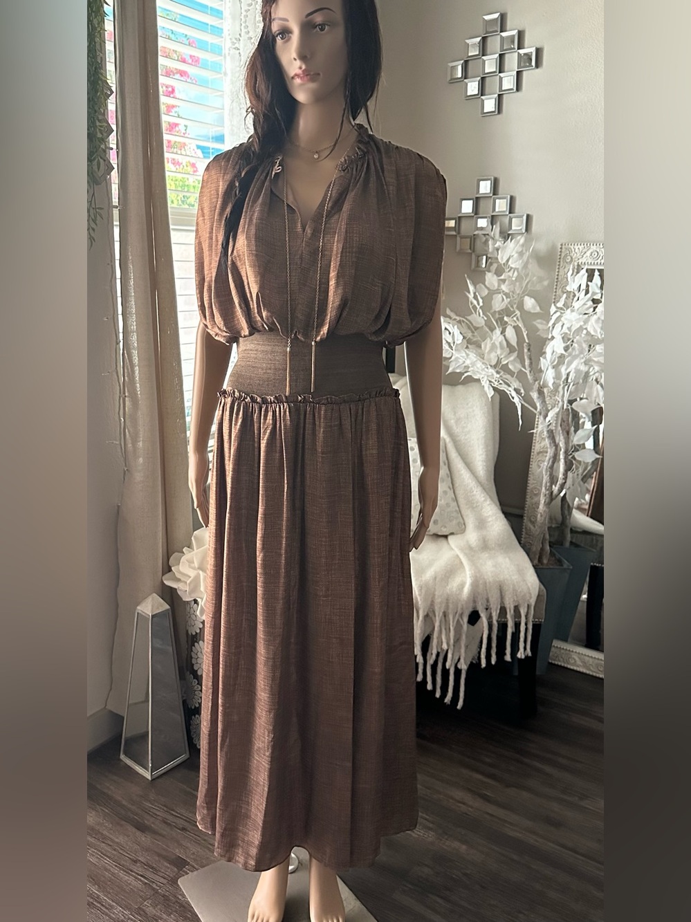 Current Air Brown Maxi Tie-Neck Dress